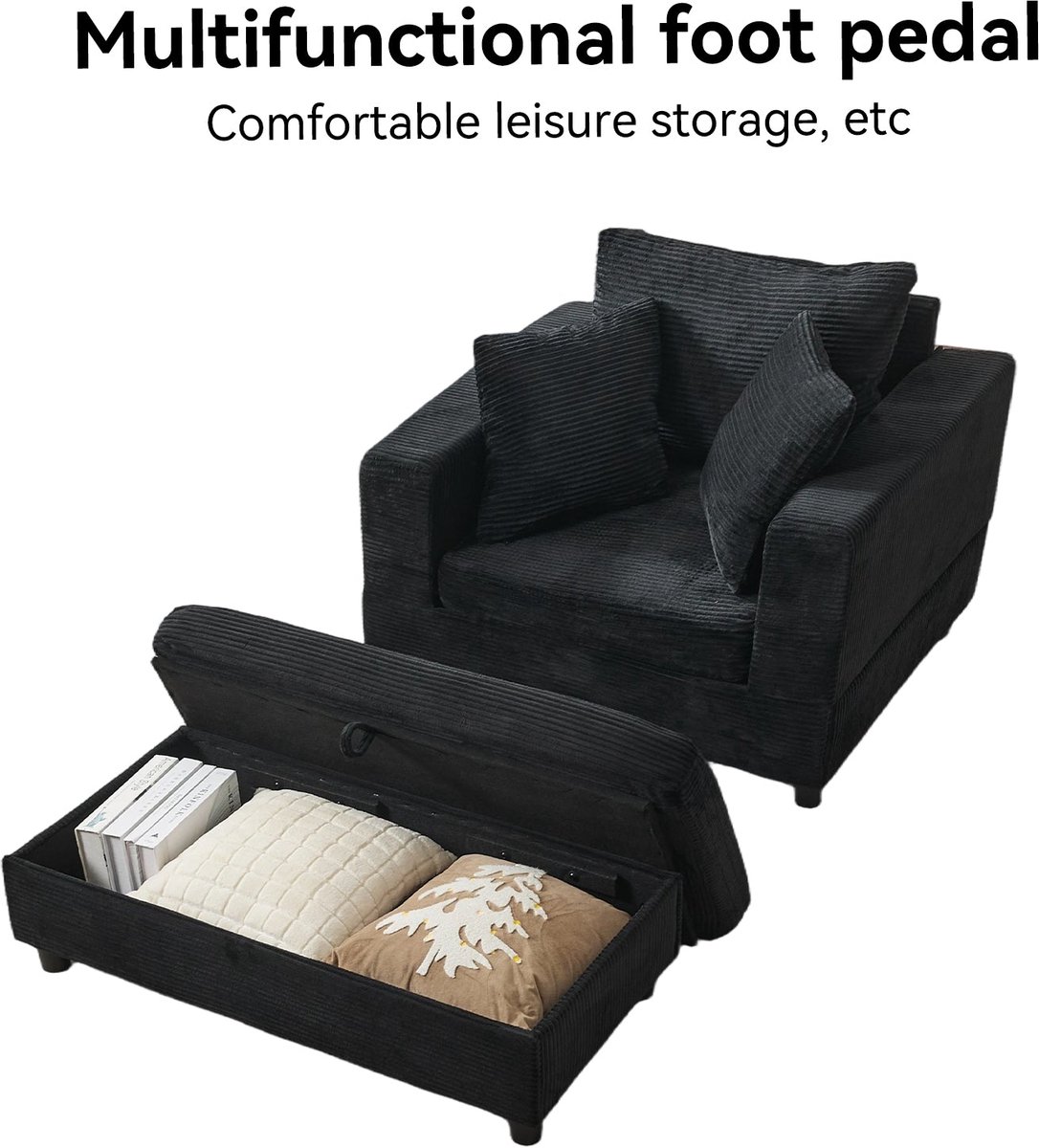 Merax Chaiselongue 1-Zits - Zwarte Loungefauteuil met Voetenbank - Ribstof Relaxstoel met Opbergruimte - Inclusief 3 Kussens - Voor Woonkamer - Slaapkamer - Leeshoek