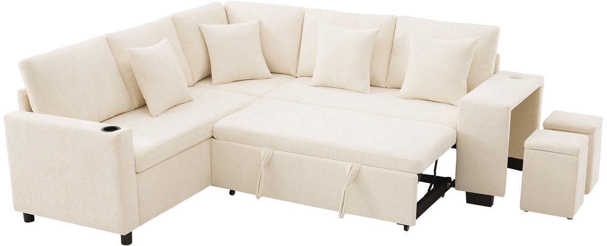 Merax Hoekbank met Slaapfunctie en Opbergruimte - L-vormige 5-Zits Slaapbank met USB & USB-C, Bekerhouders en Chaise Longue - Beige Chenille Bank voor Woonkamer & Thuisbioscoop