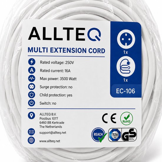 Rol wit ALLTEQ MULTI EXTENSION CORD met label: 250V, 16A, 3500W, kindveiligheid ja.