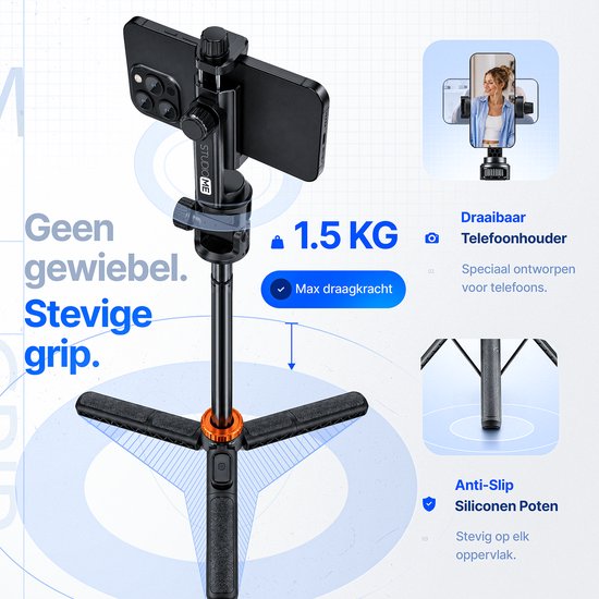 Studio ME telefoon statief met anti-slip siliconen poten en een maximale draagkracht van 1.5 KG. "Geen gewiebel. Stevige grip."