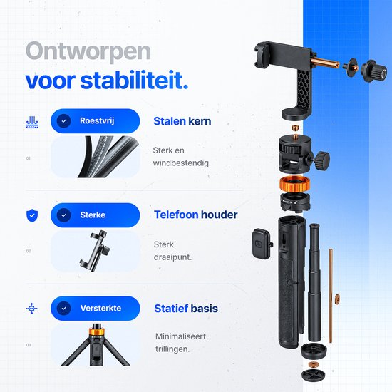 Gedetailleerde weergave van een stabiel telefoonstatief met stalen kern, telefoonhouder en statiefbasis. "Ontworpen voor stabiliteit."