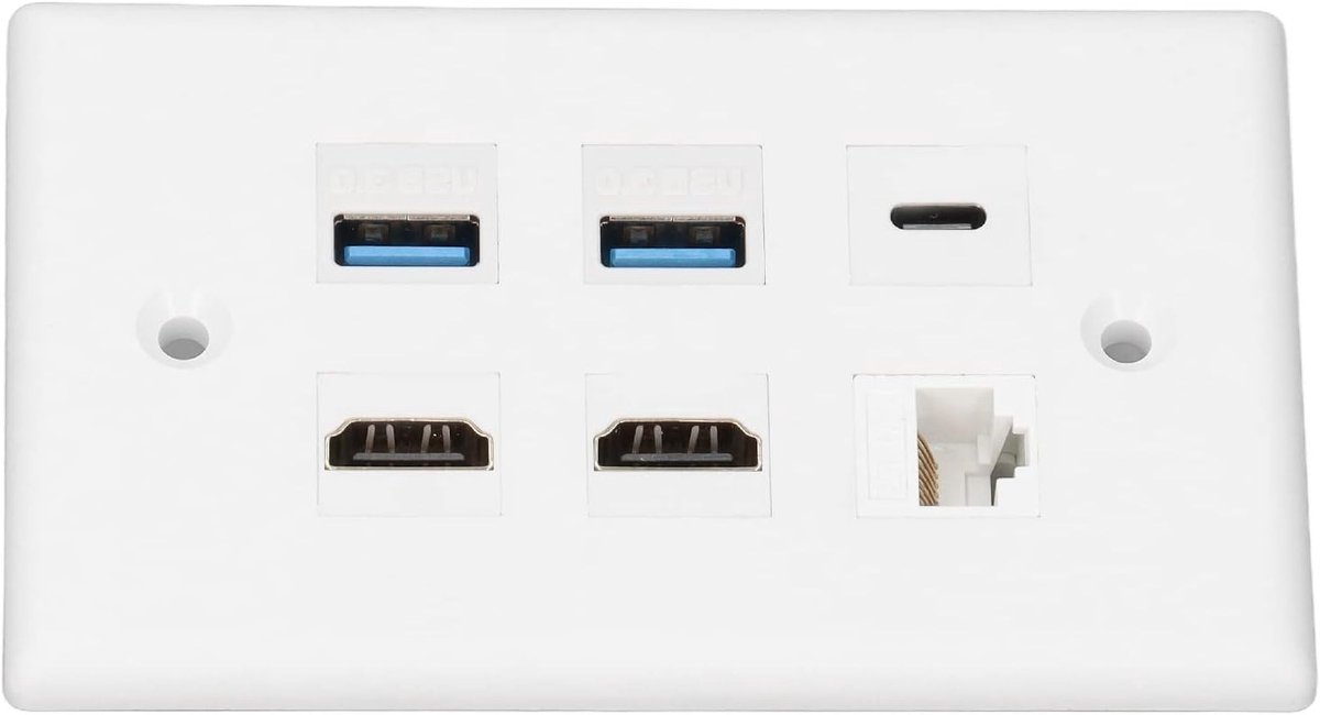 HDMI USB3.0 CAT6 Wandplaat met 6 Poorten, 2 HDMI, 2 USB 3.0, Type C en CAT6 Ethernet voor TV en Projector - Ideaal voor Thuisgebruik en Kantoor