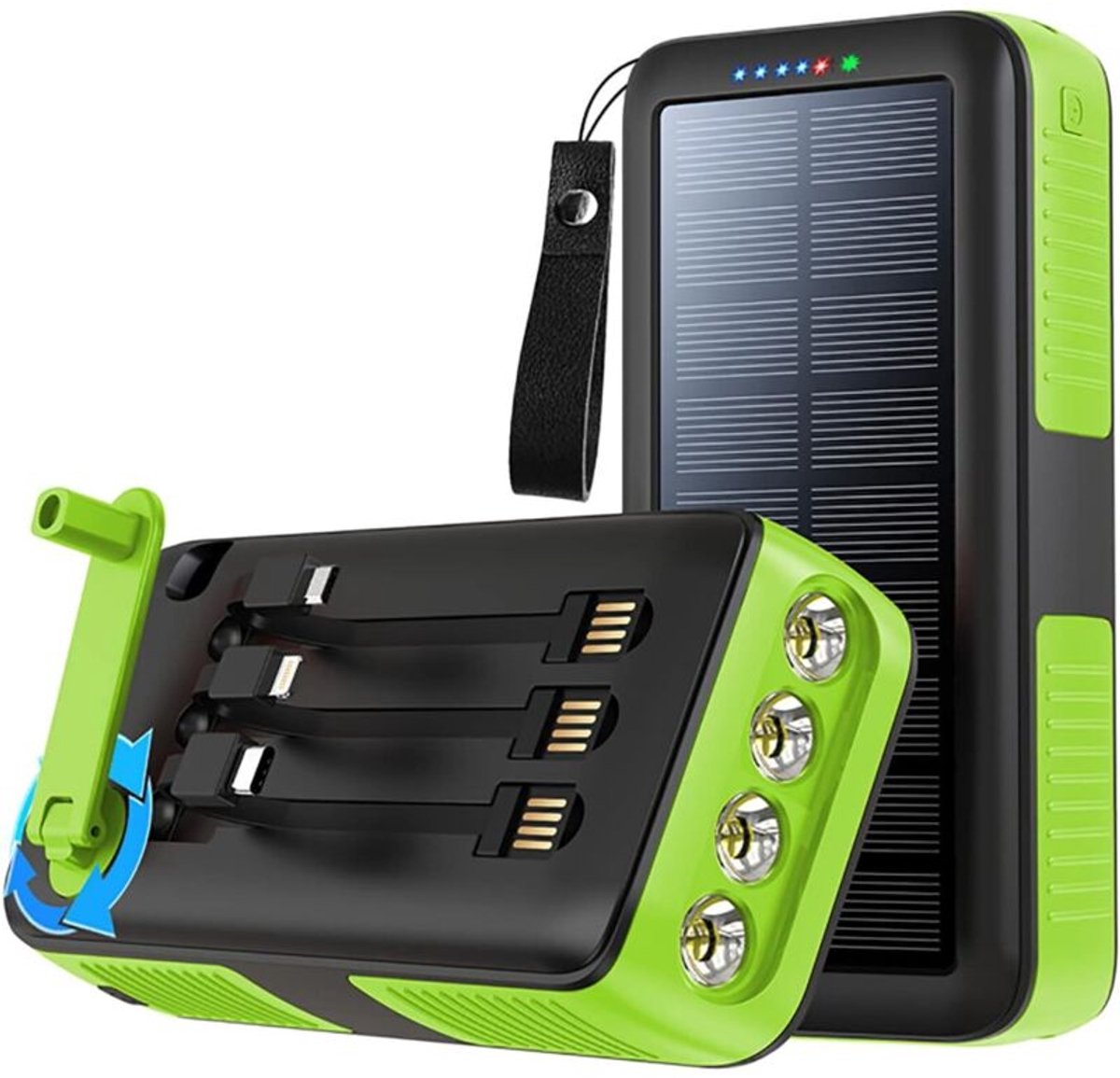 Compacte, op zonne-energie werkende, draagbare powerbank met geïntegreerde handslinger, waterdichte noodstroomvoorziening, LED-zaklamp, multifunctionele externe batterij, 1 stuk, groen, 10000 mA
