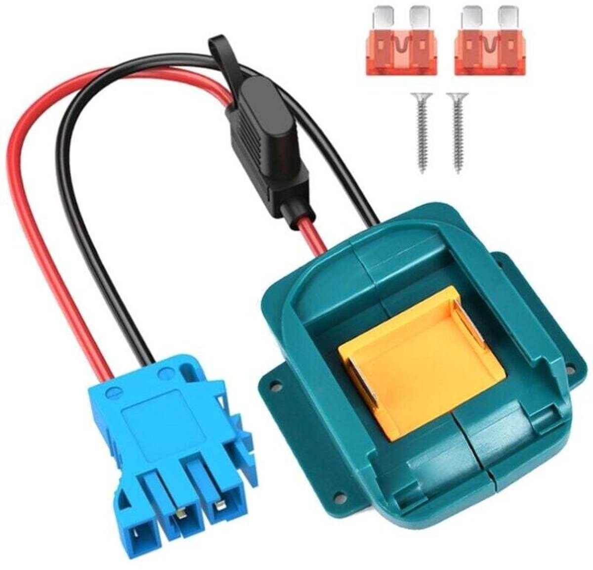 18V accuadapter voor kindvriendelijke voertuigen, met kabelboomconnector en zekering.