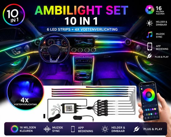 Ambilight set 10-in-1: 6 LED strips, 4x voetverlichting, controller, app-bediening en muziek synchronisatie, getoond met installatieonderdelen.