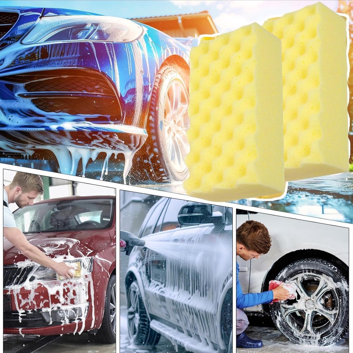 Autospons - Wasspons Schuimspons - Auto Reinigen - Golfvormige Structuur - 17.5x11x7cm - Geel
