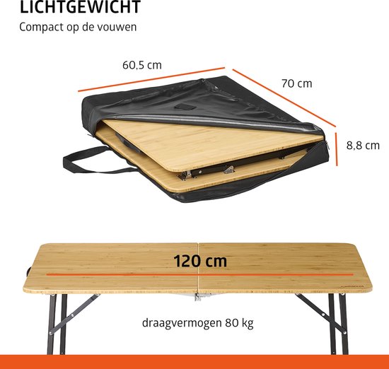 Campout Campingtafel - 120 x 70 cm - Inklapbare Tuintafel - Opvouwbare Camping Tafel - Vouwtafel - Klaptafel - 6 personen - Hoogte Verstelbaar - Inclusief Handvat - Bamboe van Campout — afbeelding 4