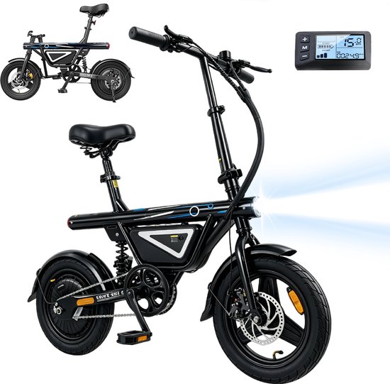 iScooter Elektrische Fiets EB1S-Opvouwbare-14 inch-Drie snelheidsinstellingen-10/15/25 km/u-Met trapondersteuning- Slim LCD display-36V 12Ah -Dubbele schijfremmen-Stedelijk woon-Compact & Geschikt voor Stad en Vrije Tijd