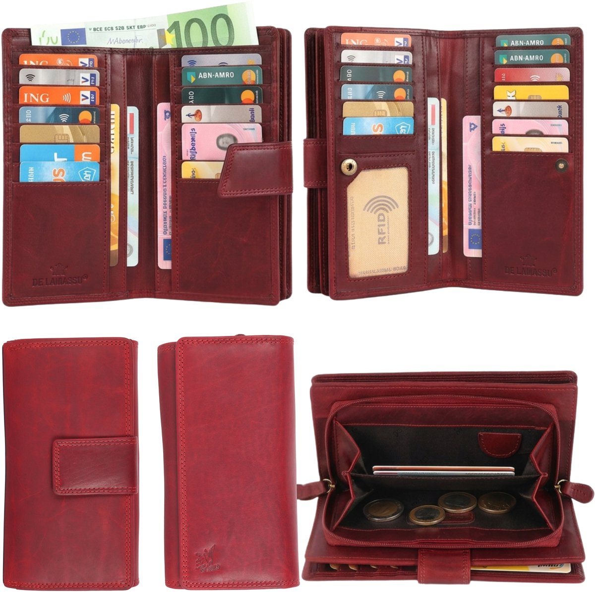 DE LAMASSU® (Alina) Leren Dames Portemonnee – Echt Leer – 22 Pasjes – RFID-bescherming – Elegant & Ruim – Luxe Geschenkverpakking