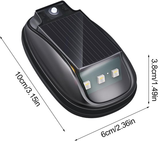 Zwarte, ovale solar stroboscooplamp met drie witte LED's en afmetingen 10x6x3.8 cm.