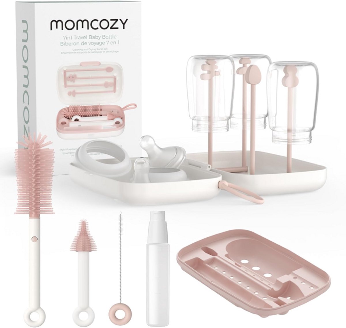 Momcozy 7-in-1 Babyfles Reinigingsset (Roze) – Baby Bottle Cleaner Kit met Siliconen Borstel, Speen- & Rietjesborstels, Zeepdispenser & Droogrek – Draagbare Babyfles Schoonmaakset voor Thuis & Reizen