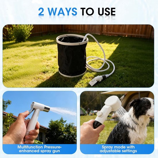 Draagbare Camping Douche - Oplaadbare Buitendouche - 2m - Mobiele Douche - Tuindouche - Reisdouche - Voor Kamperen, Wandelen, Reizen, Camper, Huisdieren en Strand - Incl. Douchkop, Spuitpistool, Zuighaak, USB, Opbergtas en Handleiding - SOLLBRY® — afbeelding 2