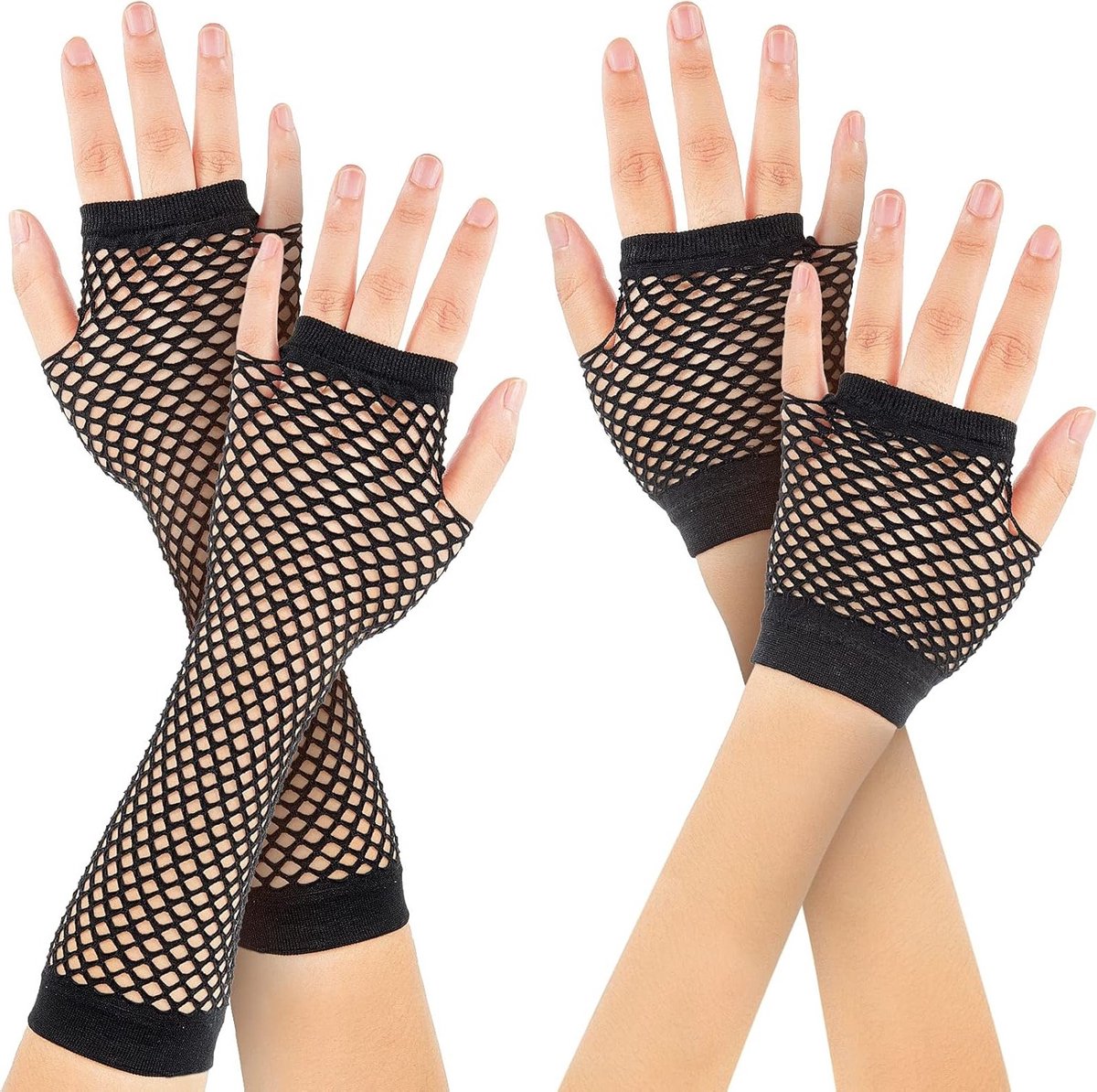 2 Paar Halloween Lange en Korte Vingerloze Visnet Handschoenen voor 80s Kostuum en Feestaccessoires