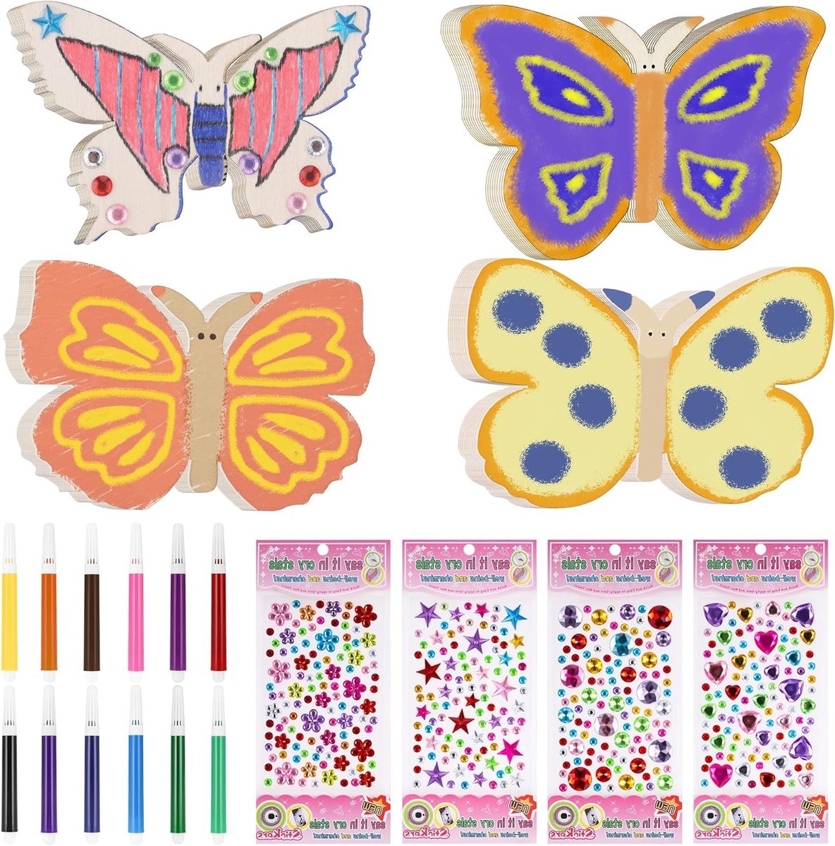 Creatieve knutselset voor kinderen met 40 waterverfvlinders, edelsteenstickers en 56 onderdelen voor DIY-projecten en knutselplezier