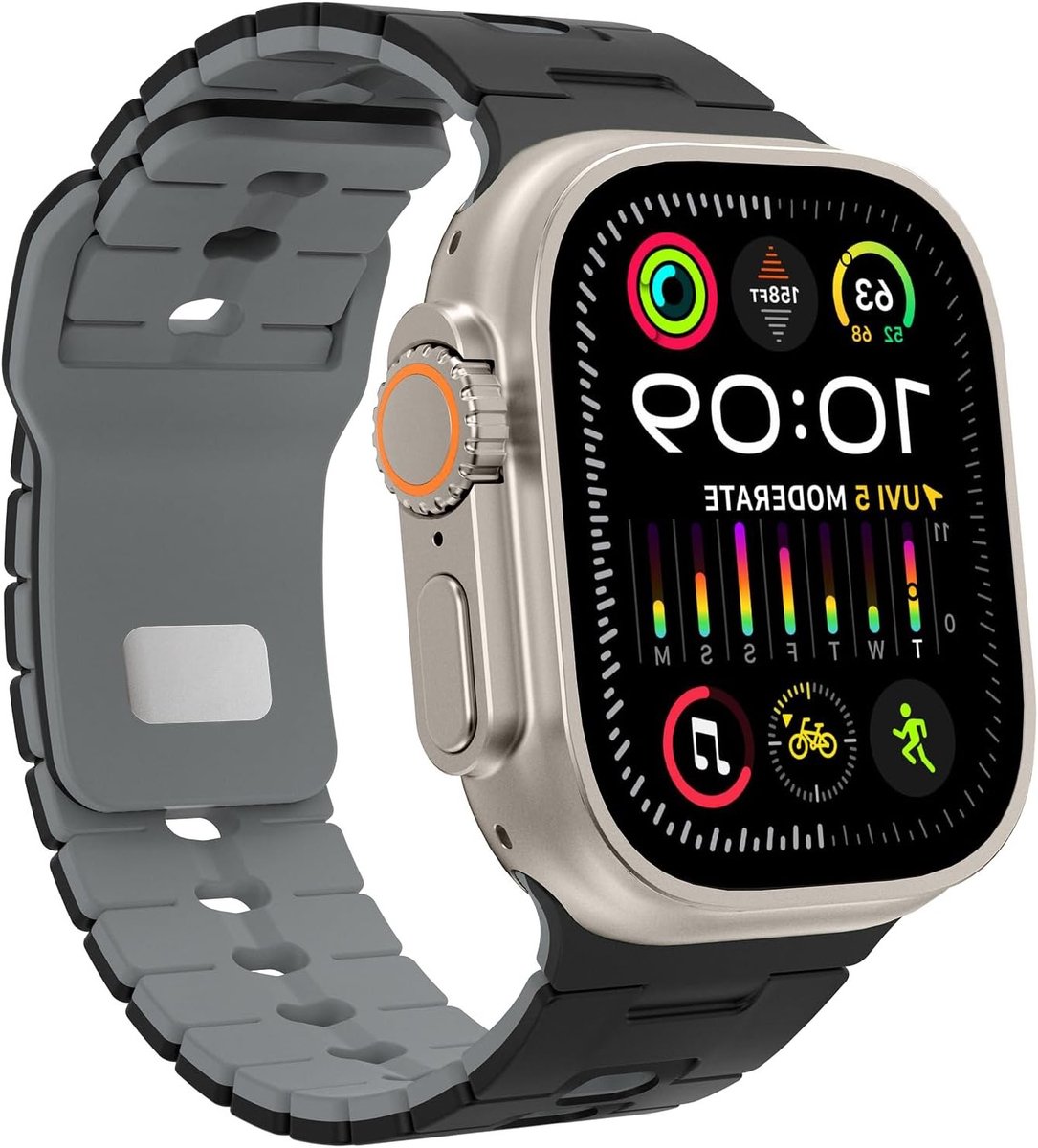 Sportarmband voor Apple Watch 49/46/45/44/42 mm, siliconen armband voor dames en heren, geschikt voor iWatch Ultra 2/Series 10/9/8/7/6/5/4/3/2/1/SE 2/SE, zwart en grijs, comfortabel en duurzaam