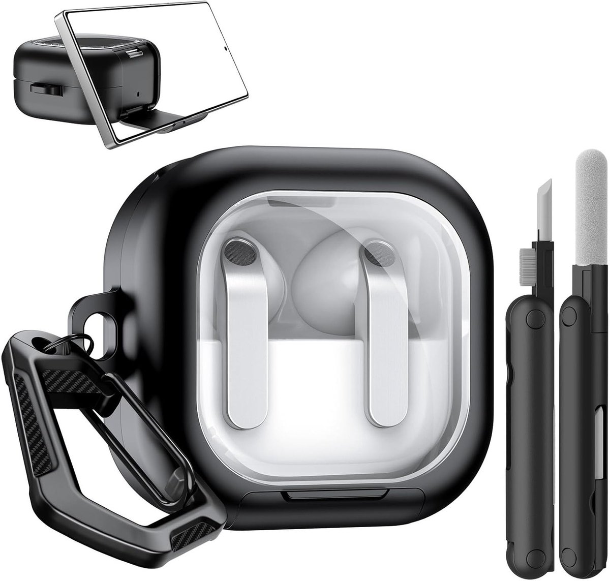 Heldere TPU Hoes voor Galaxy Buds 4 en Buds 4 Pro met Beveiligingsslot, Telefoonstandfunctie, Schoonmaakset en Sleutelhanger - Zwart