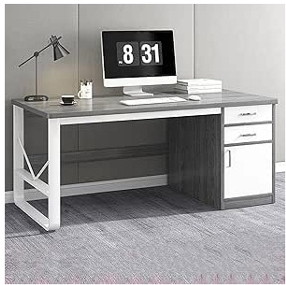L-vormig Gaming Sta-Bureau / Hoekbureau met Laden en Opbergruimte – 100 x 60 x 72 cm – Ergonomisch Thuiskantoor Computer Werkstation – Stabiel Stalen Frame & Massief Hout – Grijs