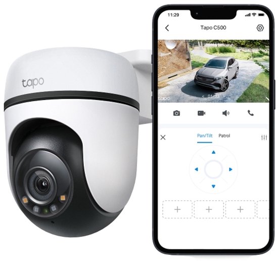 Tapo beveiligingscamera en smartphone met bedieningsinterface.