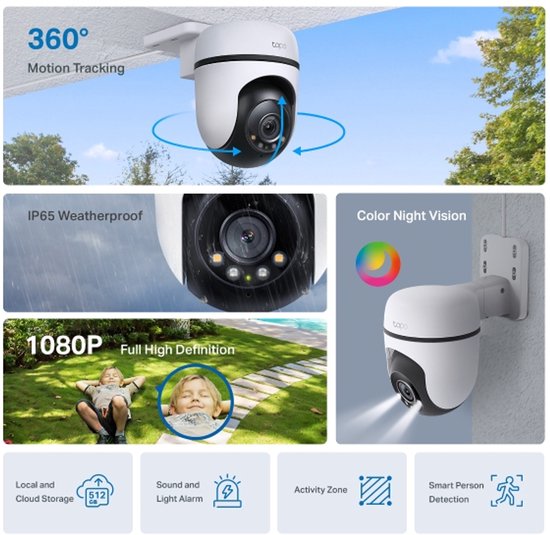 Overzicht Tapo C500 camera: 360° bewegingssdetectie, Full HD, weerbestendig, nachtzicht.