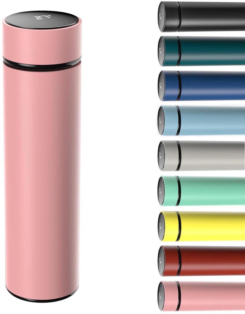carmdering - Isolatiebeker - Slimme Beker - Temperatuur Beker - Roze, 500 ml, LED display, dubbelwandig vacuüm - 304 RVS binnen, BPA-vrij - Houdt 6 uur warm en 5 uur koud - Antislip bodem - Perfect voor onderweg