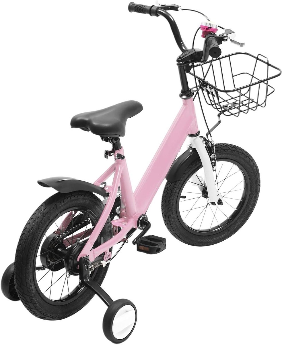 Kinderfiets met steunwielen Meisjesfiets leerfiets Leren fietsen In hoogte verstelbaar zadel 14 inch Roze