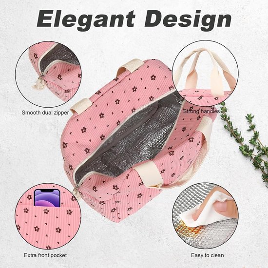 KZQ Geïsoleerde Lunchtas 2 Stuks, Corduroy met Aluminiumfolie Voering, Roze en Paarse Lunchkoeltas met Buitenzak, voor Picknick School Kantoor van KZQ — afbeelding 4