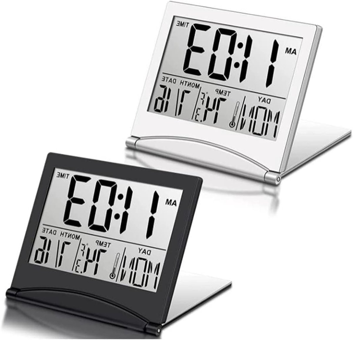 Digitale reiswekker - LCD klok - Reizen en thuis - Inklapbaar ontwerp - 2 stuks - Zwart