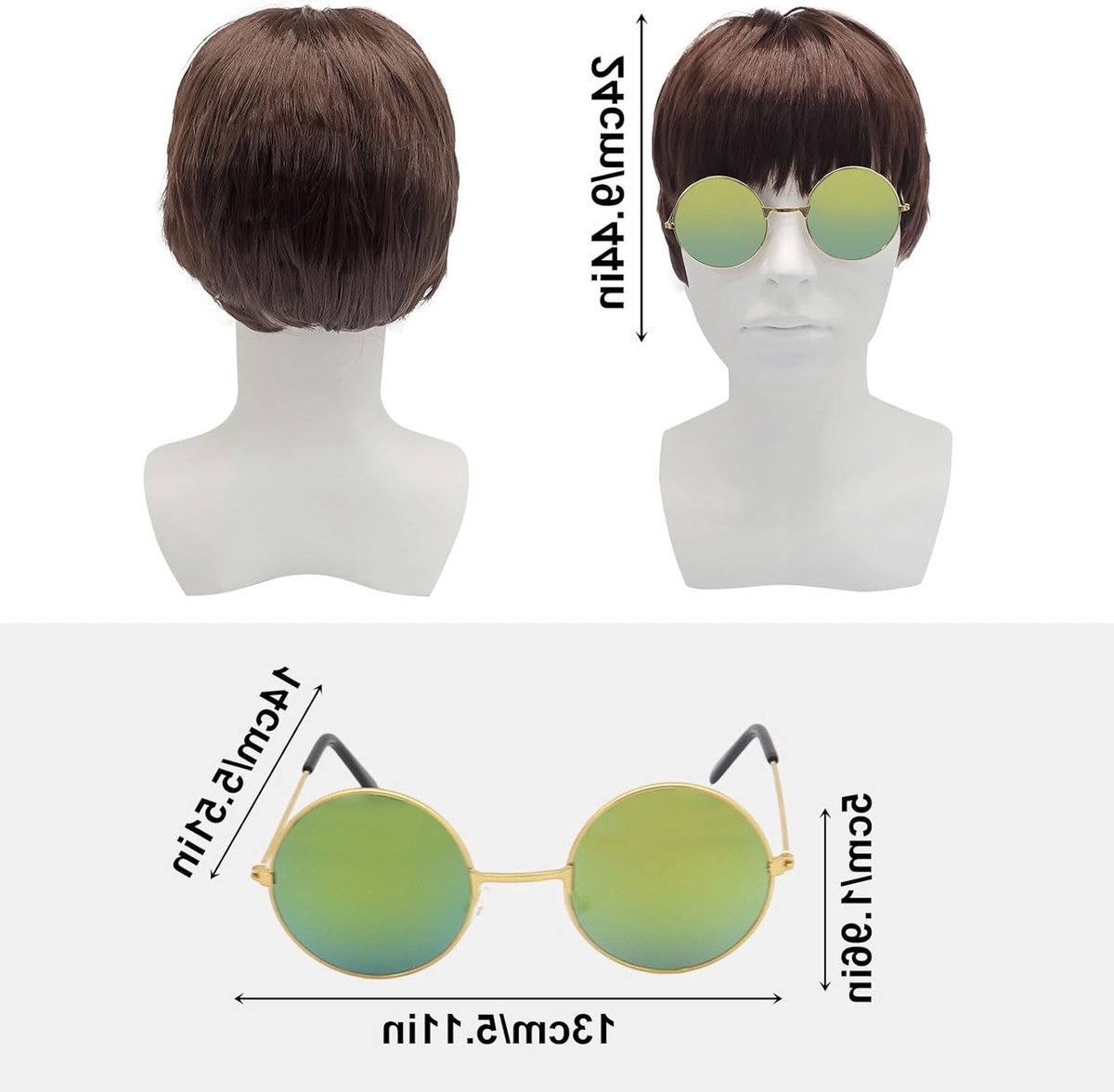 Britpop Perücken en Brillen met Ronde Montuur voor Mannen, Kostuumaccessoires, Filmkarakter Peruk voor 90s en 60s, Bruin, Set van 2