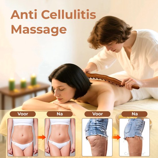 Een masseur gebruikt een houten roller op de rug van een vrouw. Twee sets 'voor' en 'na' foto's van buik en benen tonen anti-cellulitis effect.