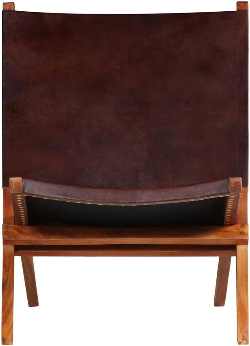 Bruine relaxstoel - Klapstoel leer - Ontspannen Zitten - Massief acacia frame - 59 x 72 x 79 cm - Bruin
