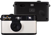 Zwart-witte camera met flitser aan en de achterkant met aan/uit-schakelaar en fototeller