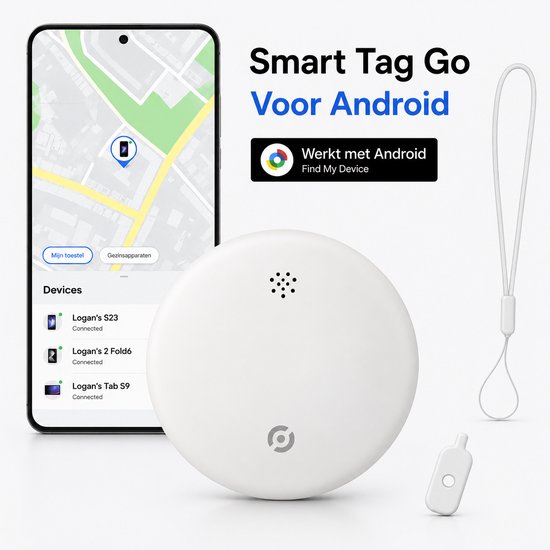 Witte ronde Smart Tag Go met een lanyard en een kleine witte tag. Een telefoon toont een kaart met locaties en de tekst 'Smart Tag Go Voor Android'.