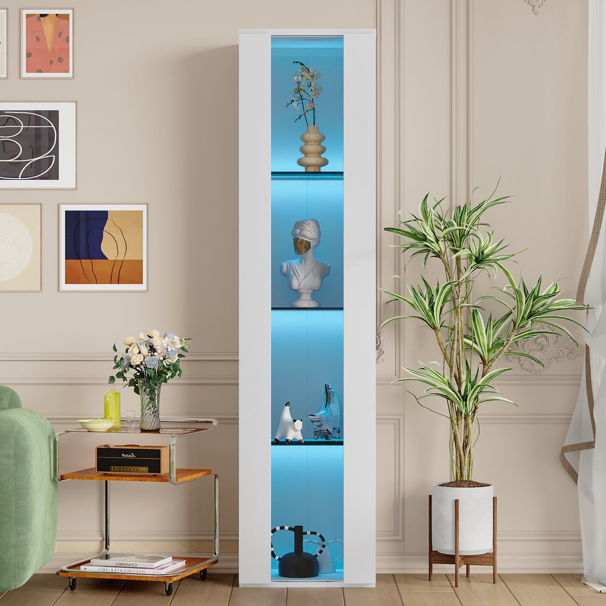 Vitrinekast - 40x29x170 cm wit - LED kleurwissel met app - acryl platen - smal hoogformaat