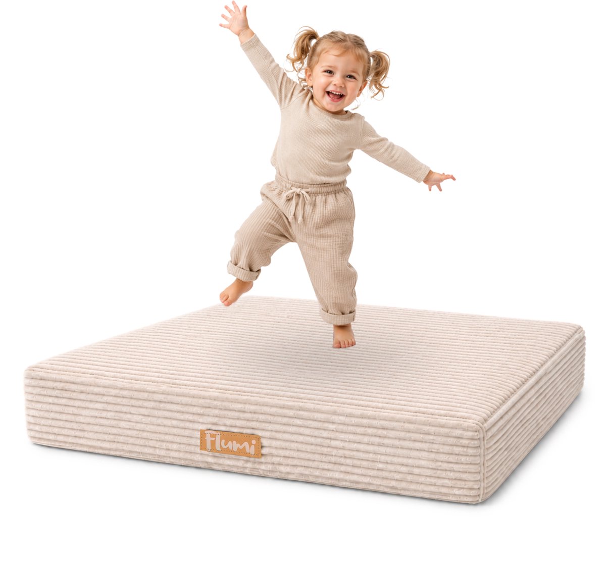 Flumi - Kinder Trampoline voor thuis - Zachte springmatras - Beige - Afneembare hoes - 110 x 71 cm