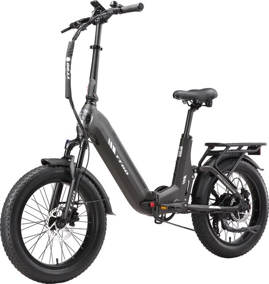 Grijze TTGO F7 elektrische vouwfiets met dikke banden, staand op een witte achtergrond.