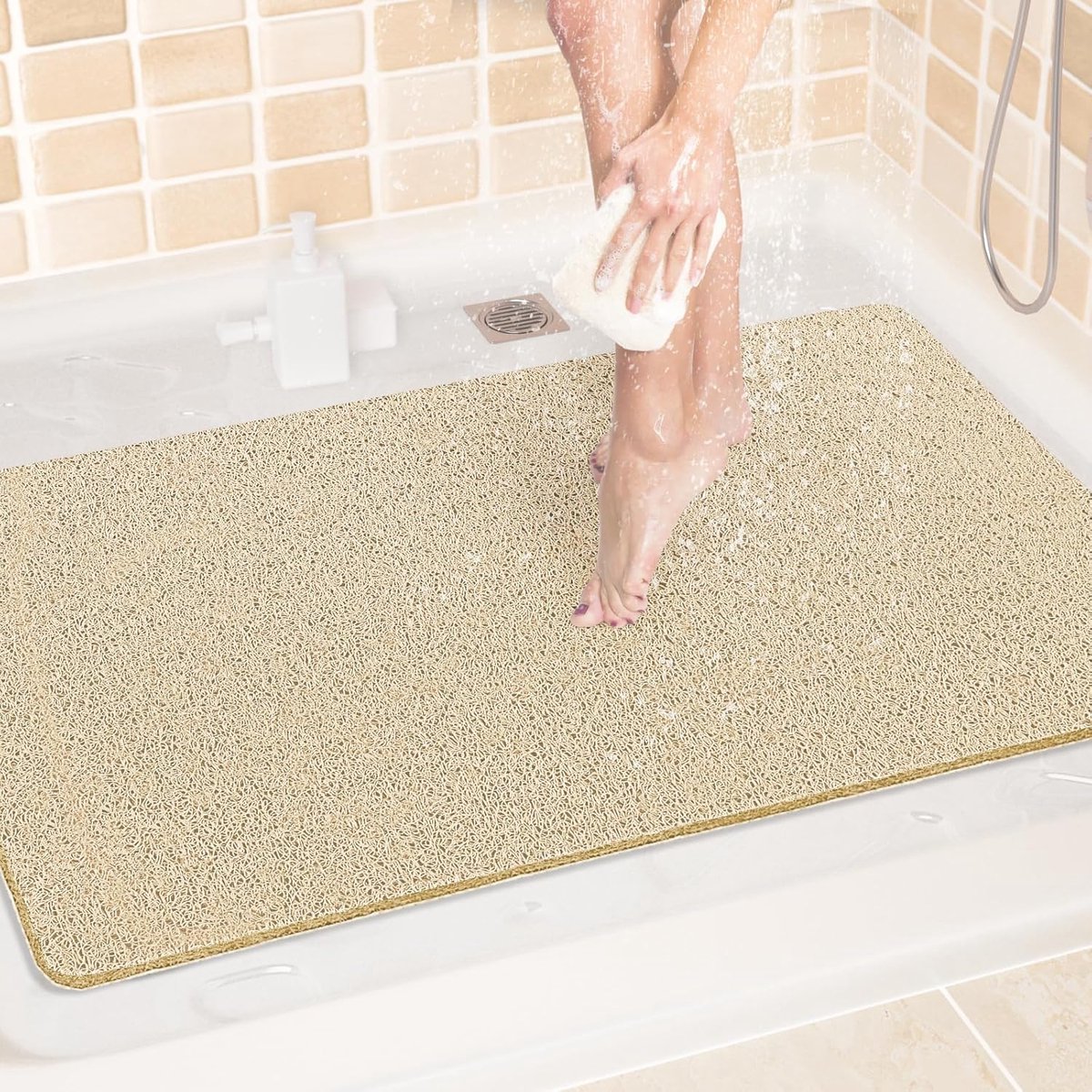 Badkamermat - Antislip - 40x60cm - PVC - Met Afvoergaten Snel Drogend - Luffa Oppervlak Massage - Voor Douche/Bad/Zwembad - Voor Ouderen/Kinderen/Gezin - Beige - 40x60cm - 1 Stuk