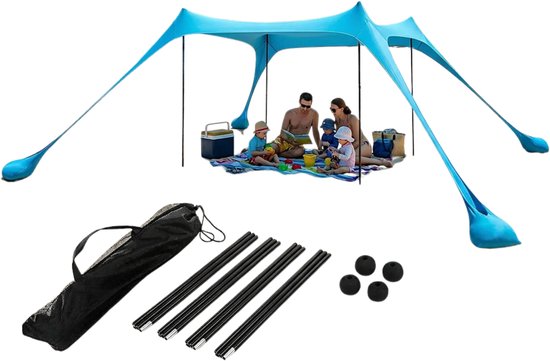 Blauwe strandtent met familie en meegeleverde palen en draagtas.