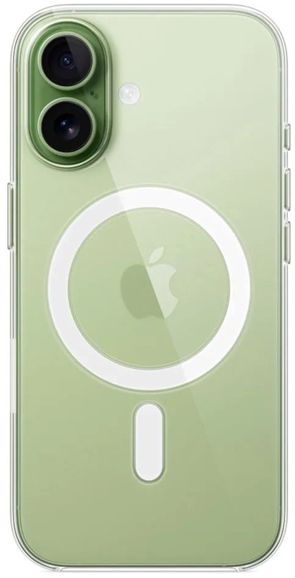 Transparant hoesje voor iPhone met groene tint en MagSafe-ring.