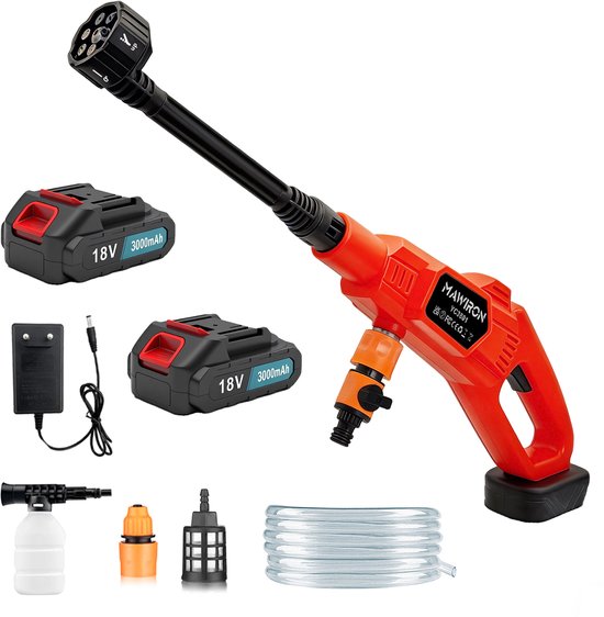 Draagbare 18V accu hogedrukreiniger 1000 PSI met 6-in-1 sproeikop en 5m slang voor auto, terras, tuin, vloer