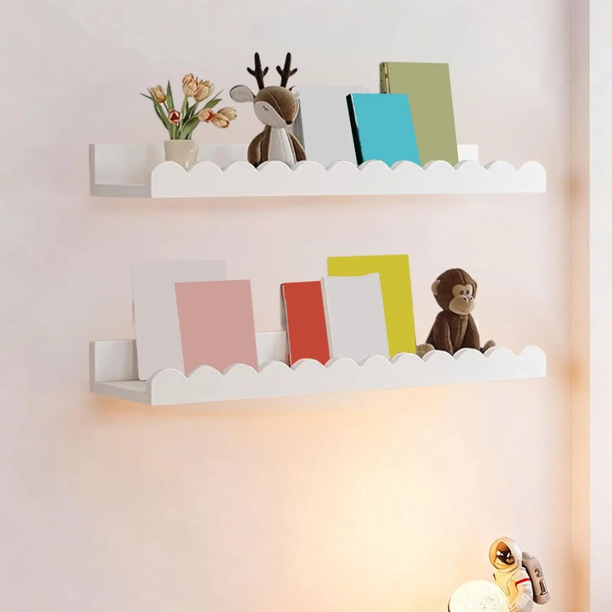 Wandplank Kinderkamer Wit Golvend – 2 Stuks 42x9,5x5,5cm – Boekenplank Kind Opbergrek Hout– Eenvoudig te Monteren met Montagemateriaal Kinderkamer Decoratie en Opbergruimte