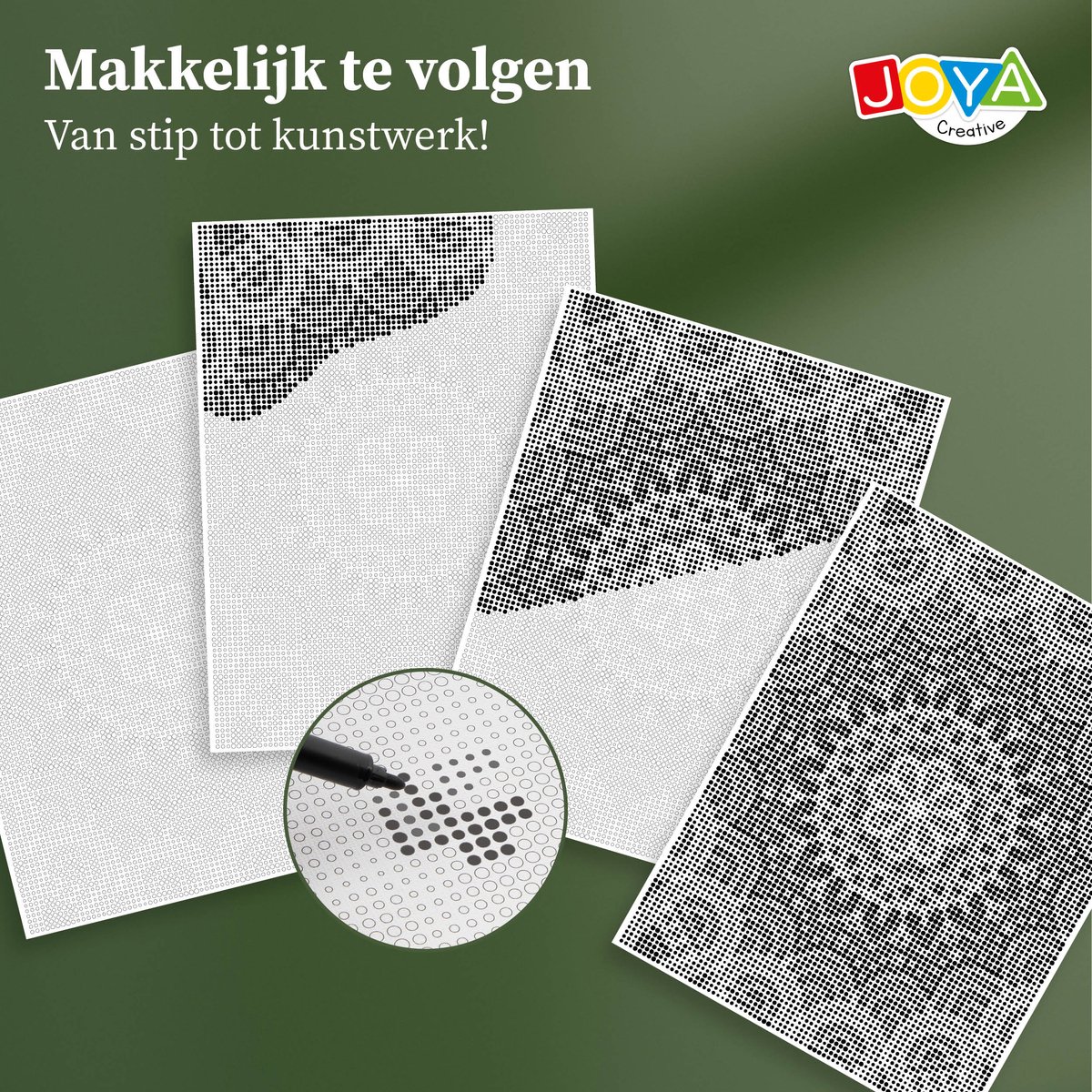 Dot Painting Stippelschilderij - Thema Mandala - Canvas 40x30cm - Inclusief 3 Zwarte Fineliners - Creatief Tekenen voor Volwassenen - Joya Creative — afbeelding 3