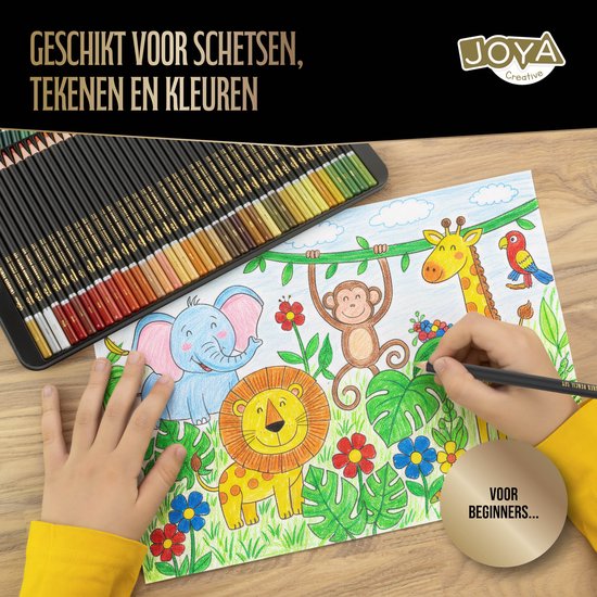 Kinderhand kleurt een leeuw, olifant en aap, met een set van 120 zwarte kleurpotloden met gouden details.