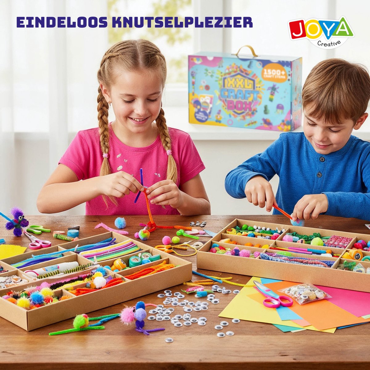 Knutseldoos XXL - 1500+ Knutselitems - Knutselpakket voor Kinderen - Inclusief Inspiratieboekje, Glitter, Vilt, Pijpenragers, Foam, Stempels & Veilig Scharen - Creatieve Knutselkoffer 3+ Jaar - Joya Creative — afbeelding 7
