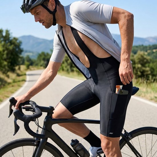 Zwarte wielren broek met zeem heren fietsbroek met bretels en zijzakken korte fietsbroek zomer racefiets wielrennen outdoor sportbroek maat S — afbeelding 5