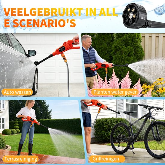 Draadloze autoreiniger op 18V-accu, draagbare handreiniger met een druk van 1000 PSI, inclusief 6-in-1 mondstuk en 5 meter afvoerslang voor terras, autovloer, schutting, veranda en binnengebruik. — afbeelding 5
