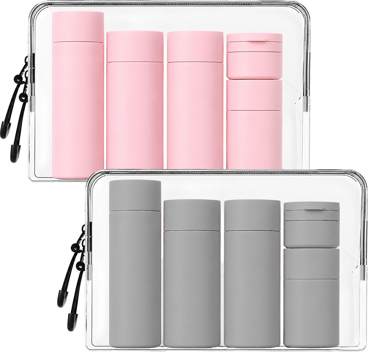 Tamarow 2 Sets Reisflesjes met Etui - 100ml Siliconen Reisflacons - 6-Delig - Reisaccessoires - Cosmetica Potjes - Reis Flesjes - Roze en Grijs