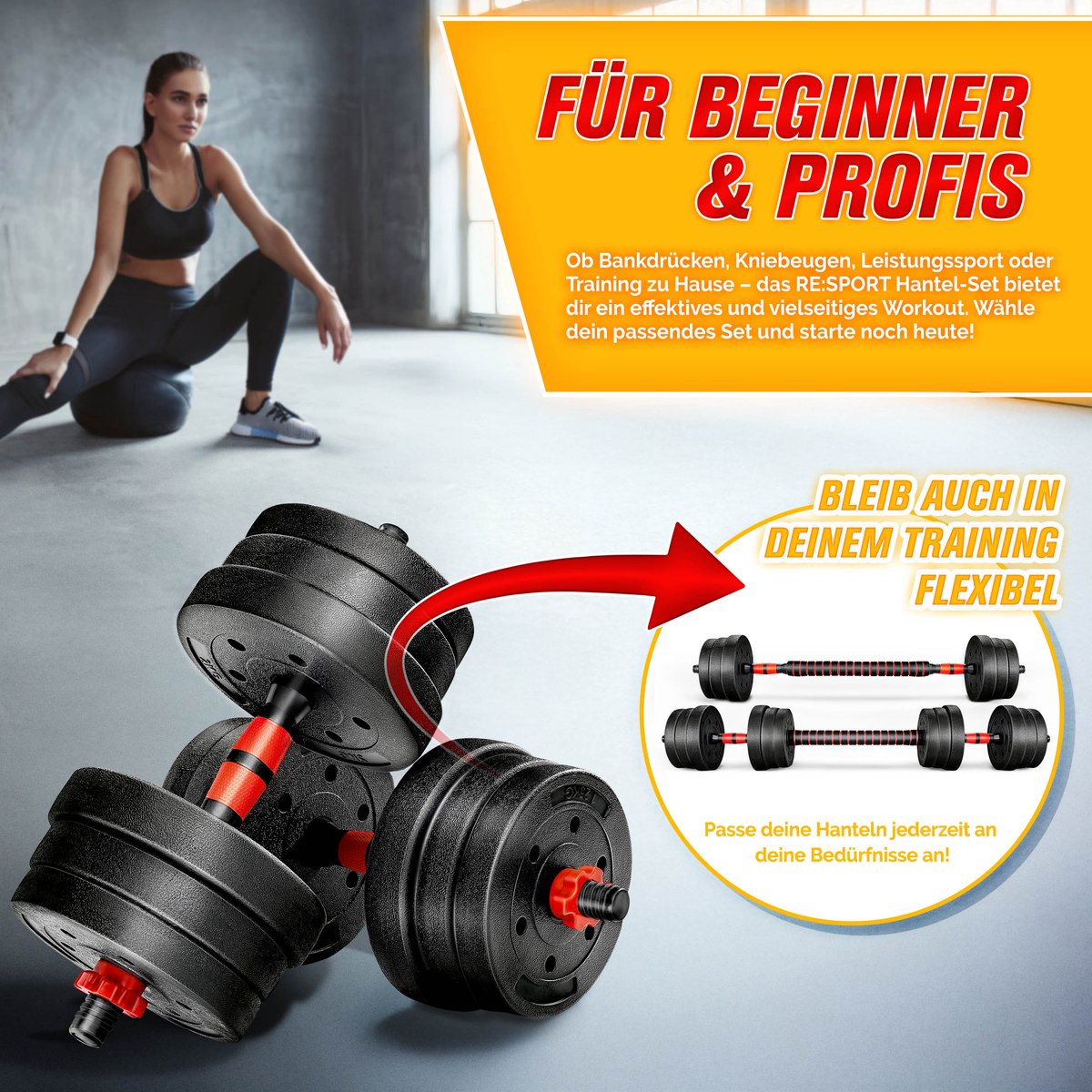RE:SPORT 2-in-1 Halters 20kg: dumbbells + barbell in één set thumbnail 7