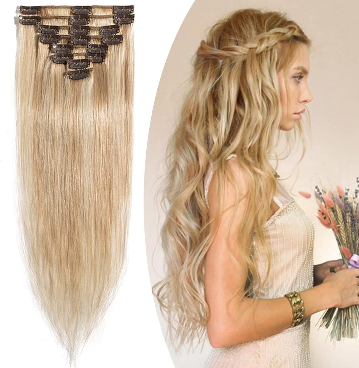 Clip-In Echte Haar Extensions, 8 Stuks, 100% Remy Menselijk Haar, Steil, 45 cm (70 g), Honingblond/Lichtblond, Volumineus en Natuurlijke Look