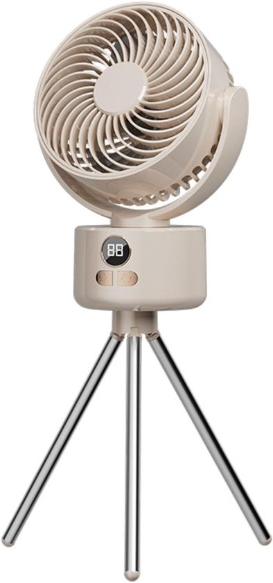 Oplaadbare campingventilator 3600 mAh met digitaal display, USB-opladen, 3 snelheidsstanden, draagbaar, crème