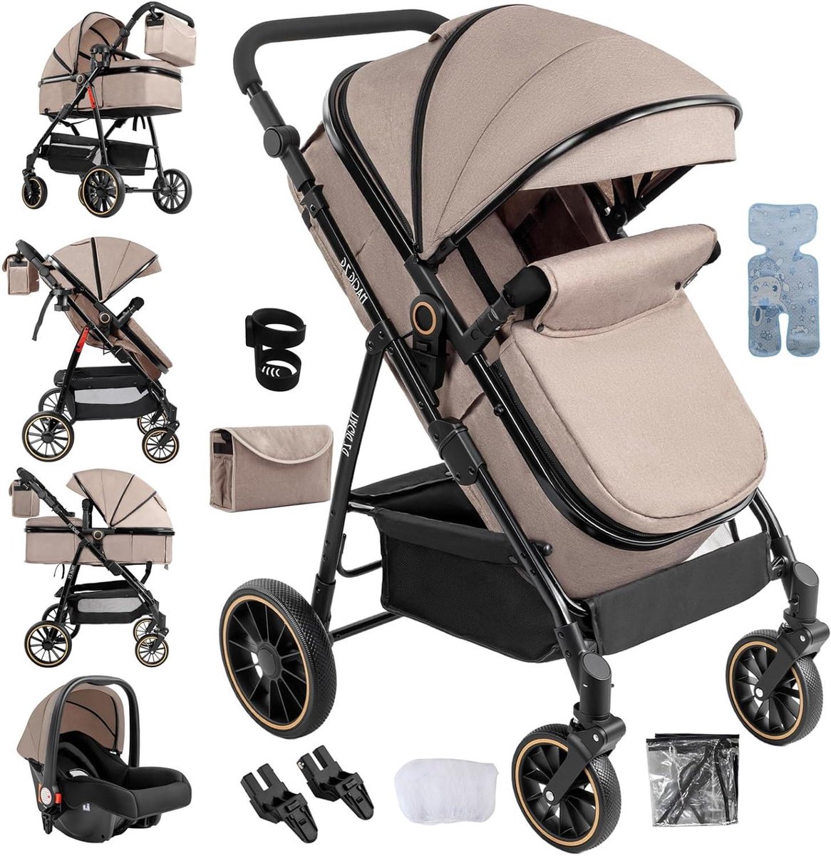 Babywagen 3-in-1 - Kinderwagen combi - Comfortabel reizen - Bidirectionele schuif - 84 x 58 x 100 cm - Kaki
